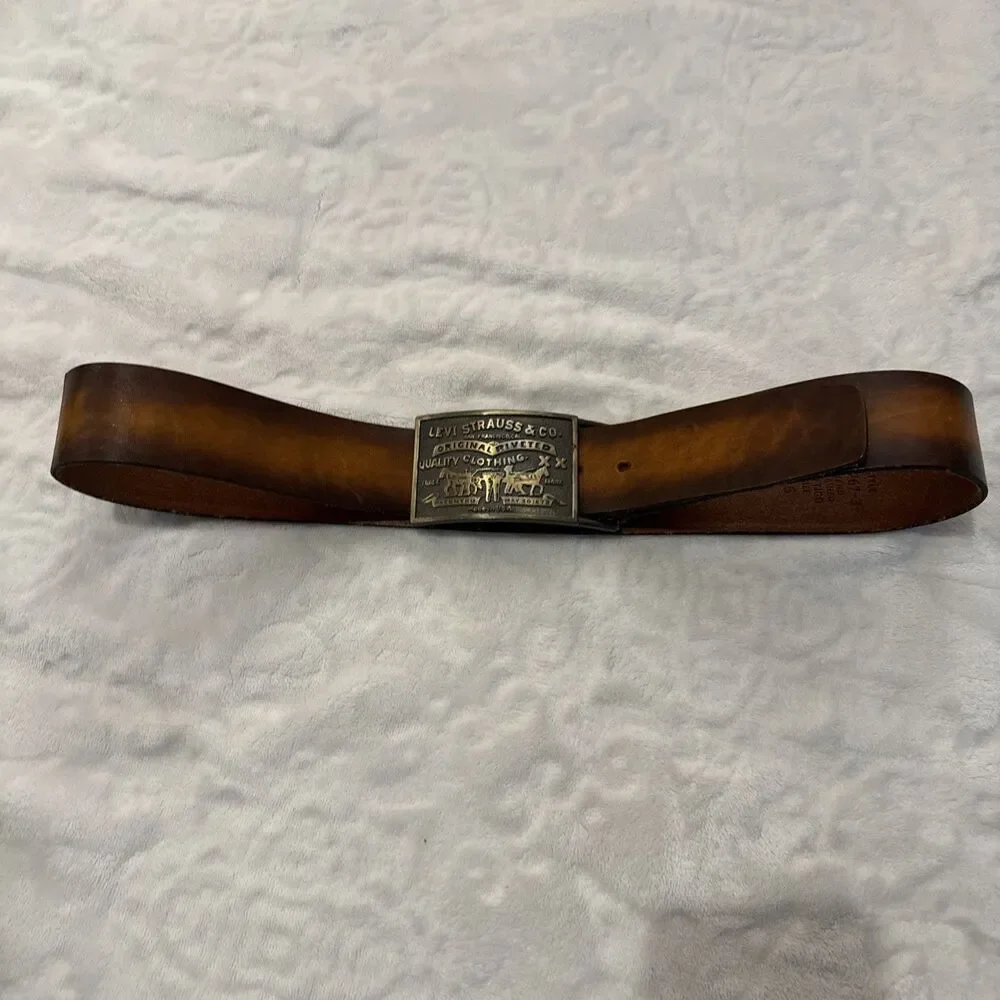 70s LEVIS Strauss Belt & Buckle 36 Tan Brass Hand Stained Latigo Leather 2 Horse